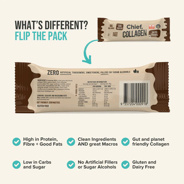 Chief Collagen Protein Choc Salted Caramel Bar 45gm - 20% off